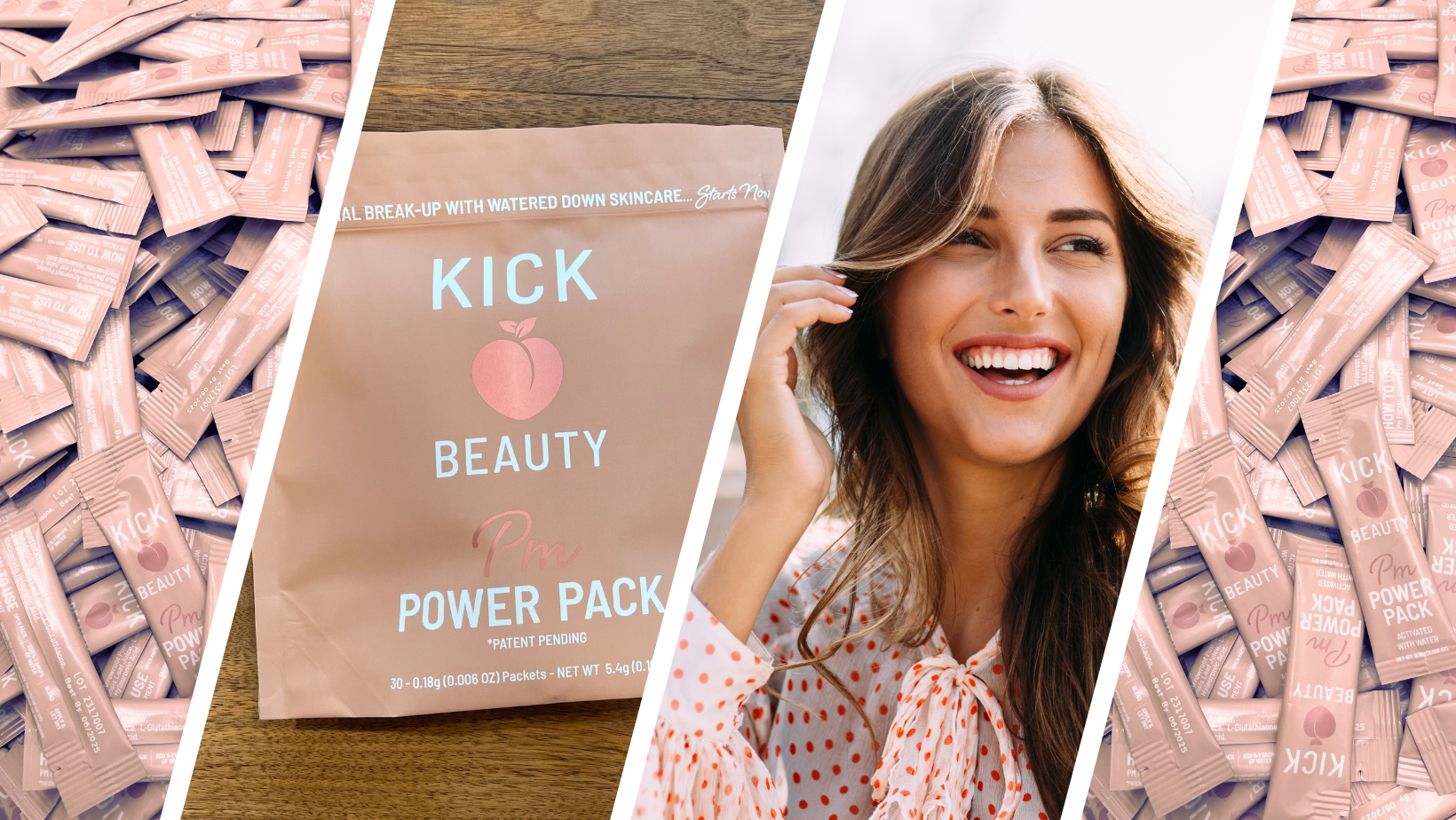This image contains a split image with stick packs of the PM POWER PACK on either end, a flat lay image of the 30-day bag, and a woman in a white and orange polka-dot shirt smiling.  This image represents the product image with lifestyle of using a clean, waterless skincare treatment.