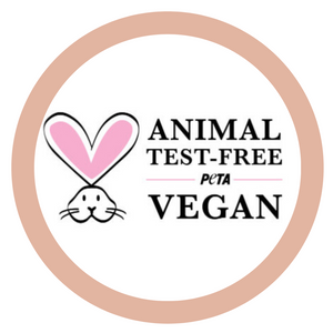 This is an image of the PETA Animal Test-Free and Vegan logo surrounded by a peach circle.  KICK PEACH BEAUTY is honored to be partnered with the PETA Beauty Without Bunnies program.